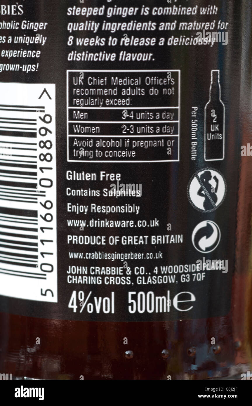 Product information on bottle of Crabbie`s Original alcoholic ginger beer Stock Photo